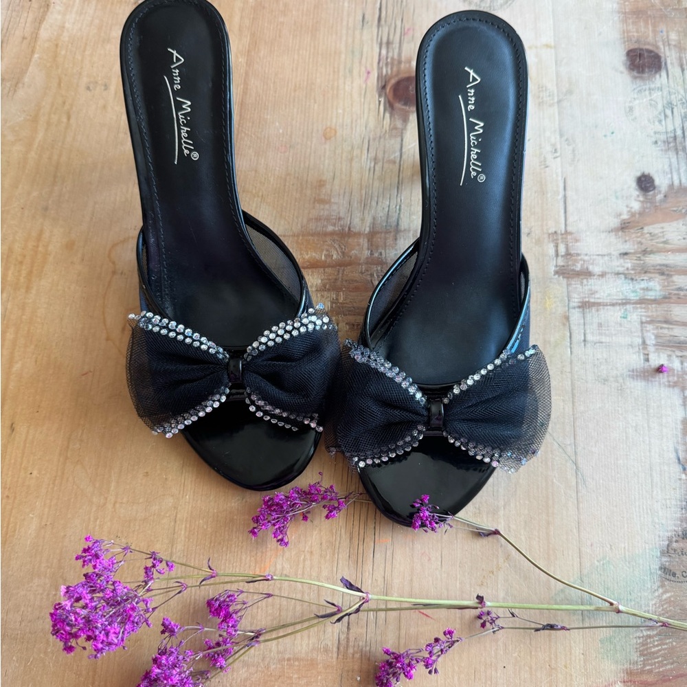 Anne Michelle Black Heels with Bow and Rhinestones
